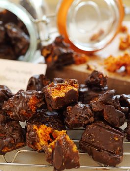 Decadent fresh baked sweet honeycomb dipped in dark chocolate.