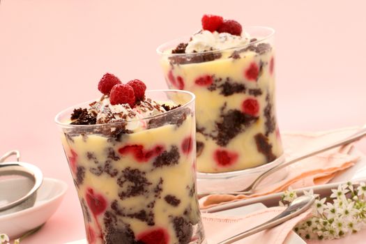 Delicious chocolate trifle dessert served in two glasses topped with raspberries.