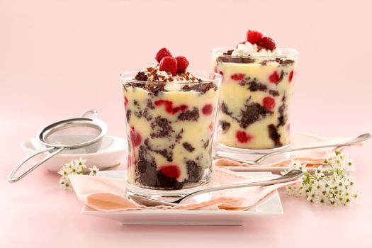 Delicious chocolate trifle dessert served in two glasses topped with raspberries.