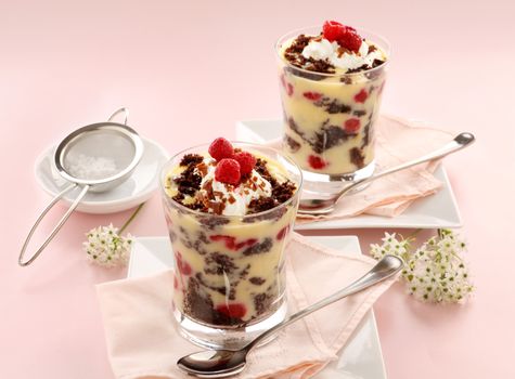 Delicious chocolate trifle dessert served in two glasses topped with raspberries.