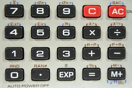 Closeup of an electronic calculator keyboard.