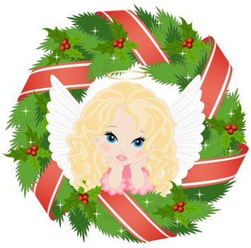 angel on the Christmas wreath isolated on a pink background