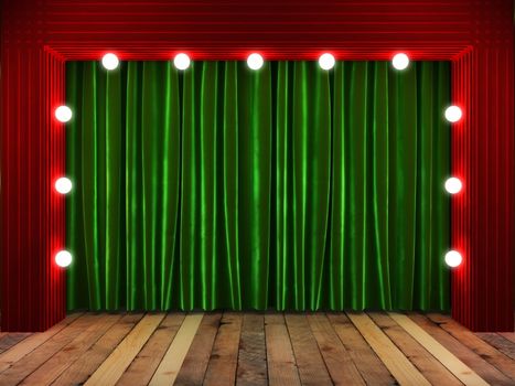 green fabrick curtain on stage