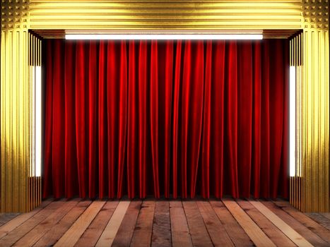 red fabrick curtain with gold on stage