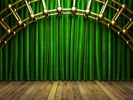 green fabrick curtain on stage