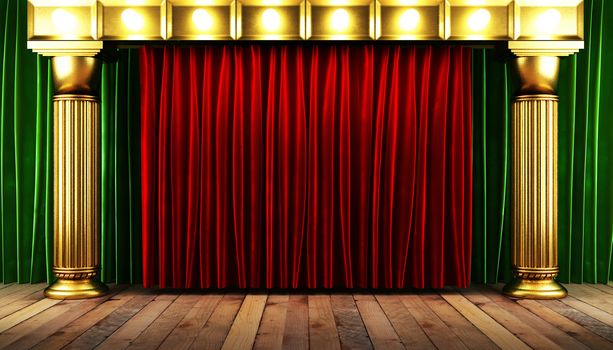 red fabrick curtain with gold on stage