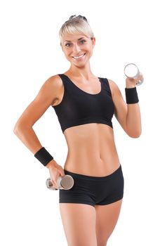 beautiful sports woman holding dumbbells isolated