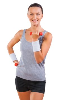 sportswoman holding weights isolated on white background