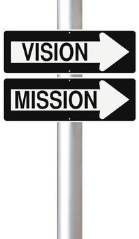 Conceptual one way street signs on a pole indicating Vision and Mission