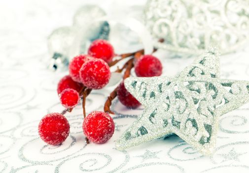 Bright christmas star with xmas decoration with copy space, on  on white background