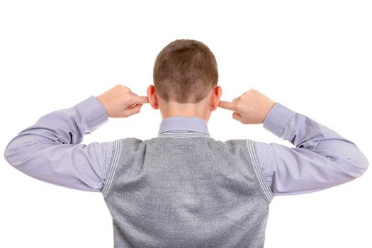 Rear view of a Boy with cover Ears Isolated on the White Background