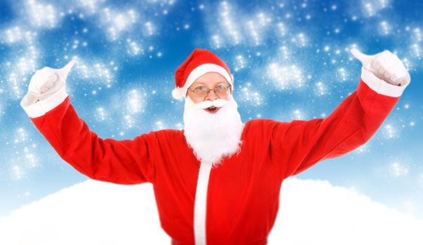 Cheerful Santa Claus with Hands Up on the Abstract Winter Background