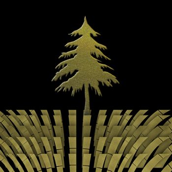 Christmas greeting card with gold metal firtree in black  background with gold sheets