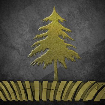 Golden Christmas tree on gray background with gold sheets