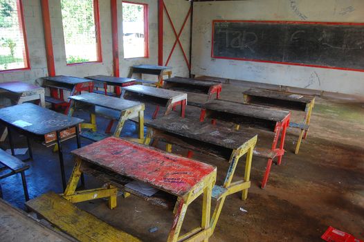 School desks at class primary school, Papua New Guinea