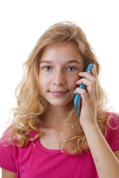 Girl is calling on mobile phone over white background