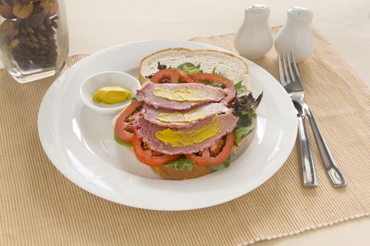 Delicious open corned beef open sandwich with mustard and fresh garden salad.