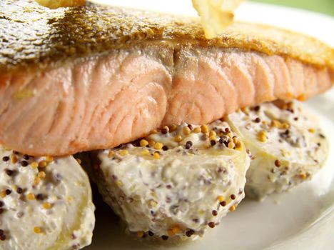 Delicious crispy skin salmon on a bed of mustard potatoes.