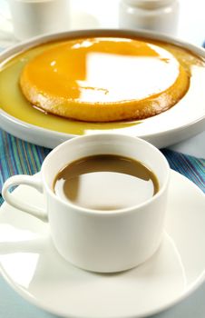 Delicious creme caramel dessert with coffee.