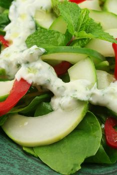 Delicious cucumber and mint salad with red peppers and a coriander yogurt.