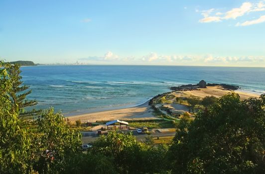 View across Currumbin Creek looking towards Surfers Paradise at sunrise on the Gold Coast Australia.