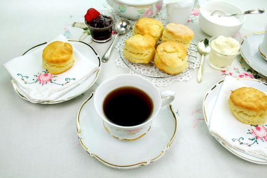 Devonshire tea and fresh baked scones with jam and cream.