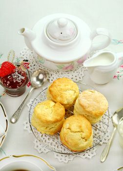 Devonshire tea and fresh baked scones with jam and cream.
