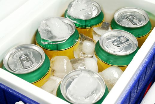 Icy cold drinks in a plastic cooler.