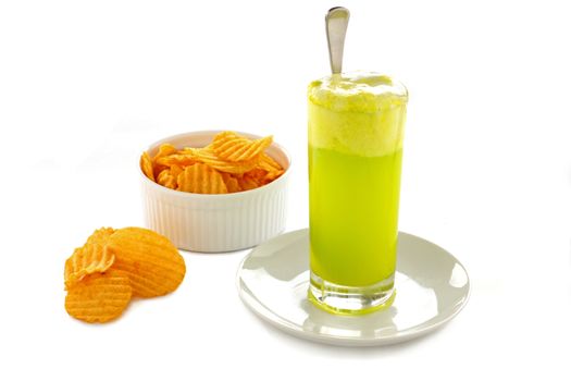 Delicious lime soda topped with ice cream and potato crisps.