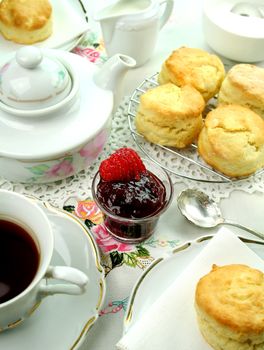 Devonshire tea and fresh baked scones with jam and cream.