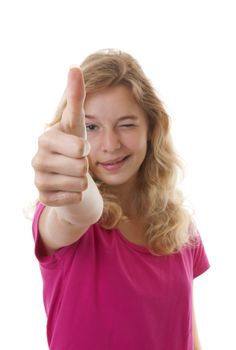 Girl with thumbs up isolated on white background