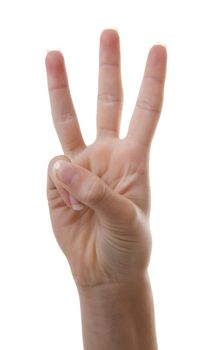 Hand is counting number 3 over white background