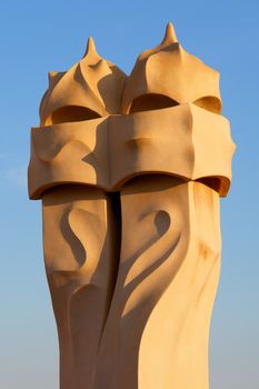 Famous chimneys at Casa Mila (also called La Pedrera) by Antoni Gaudi - roof top - Barcelona                                        