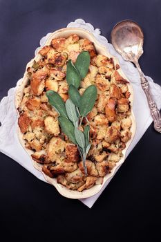 Home made stuffing with antique spoon for the holidays.