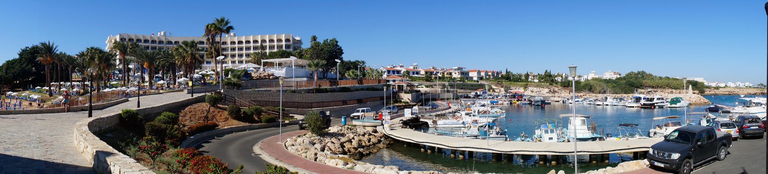 Panorama of the beach and the port of "Golden Coast" district Perner (Cyprus)