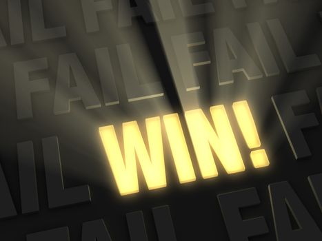 A glowing bright, gold "WIN" on a dark background with rows of word "FAIL"