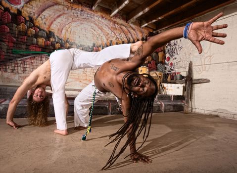 Capoeira experts kicking and dodging during a performance indoors