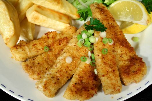 Crumbed fish and chips ready to eat.