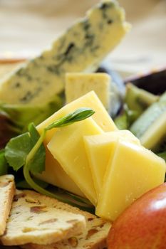 Sliced cheddar cheese with a variety of fruit and other cheeses.