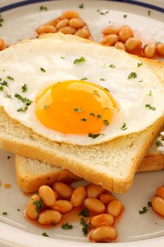 Fried egg on toast parsley garnish and baked beans.