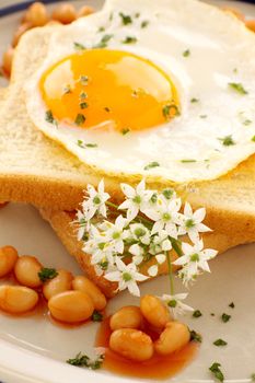 Fried egg on toast with garlic chive flowers and baked beans.