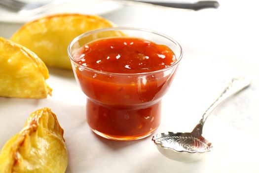 Delicious fresh baked cornish pasties with sweet chili relish.