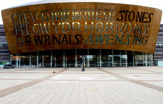 Wales millennium centre facade, Cardiff, UK.