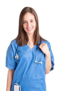 Young female doctor with scrubs and a stethoscope, isolated in white