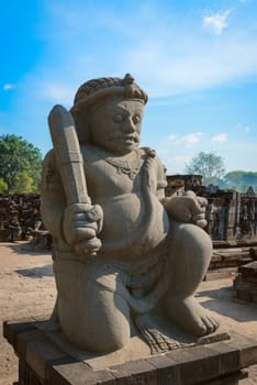 Dvarapala (guardian) statues at main entrance in Candi Sewu complex. Candi Sewu means 1000 temples, which links it to the legend of Loro Djonggrang. In fact this complex has 253 building structures (8th Century) and it is the second largest Buddhist temple in Java, Indonesia.