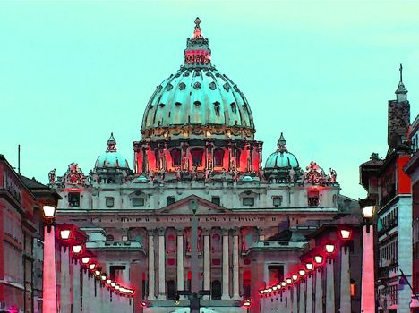 Rome, St. Peter's Basilica, pen drawing, watercolor