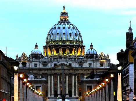 Rome, St. Peter's Basilica, pen drawing, watercolor