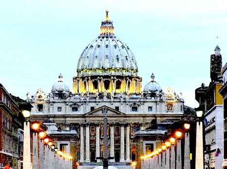 Rome, St. Peter's Basilica, pen drawing, watercolor