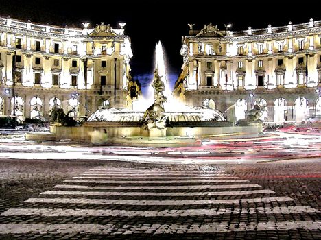 Rome, Piazza della Repubblica - at night, pen drawing