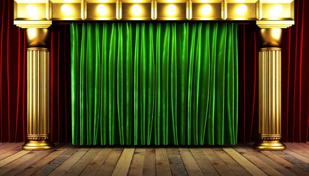 green fabrick curtain on stage
